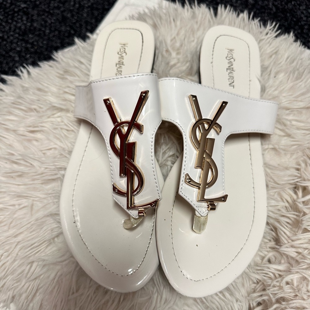 Saint Laurent White Patten Leather Sandals with Gold Logo